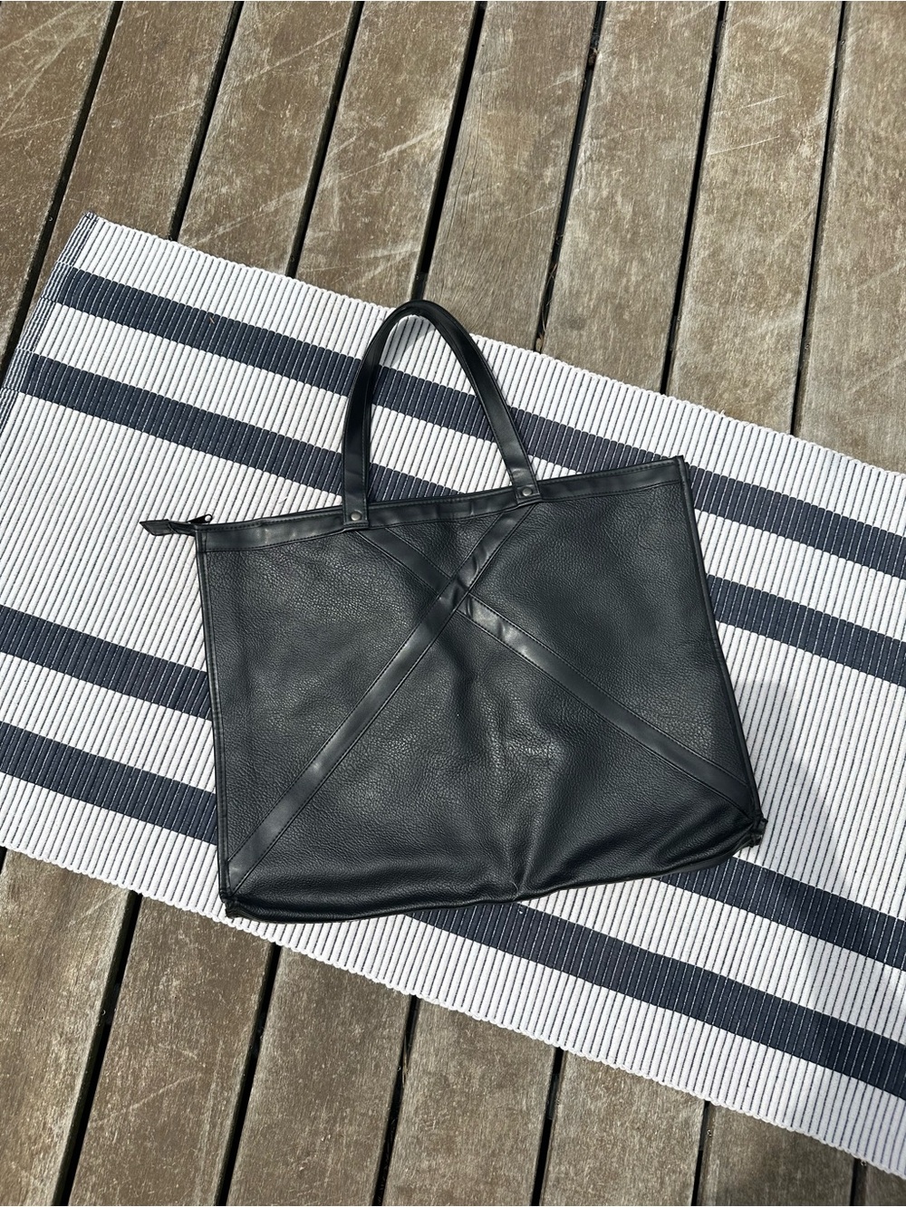 Lancome Black Leather like Shoulder Tote with Cross-Stitch Detail